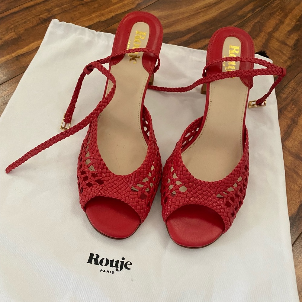 Rouje Red Braided Leather Open-Toe Heels